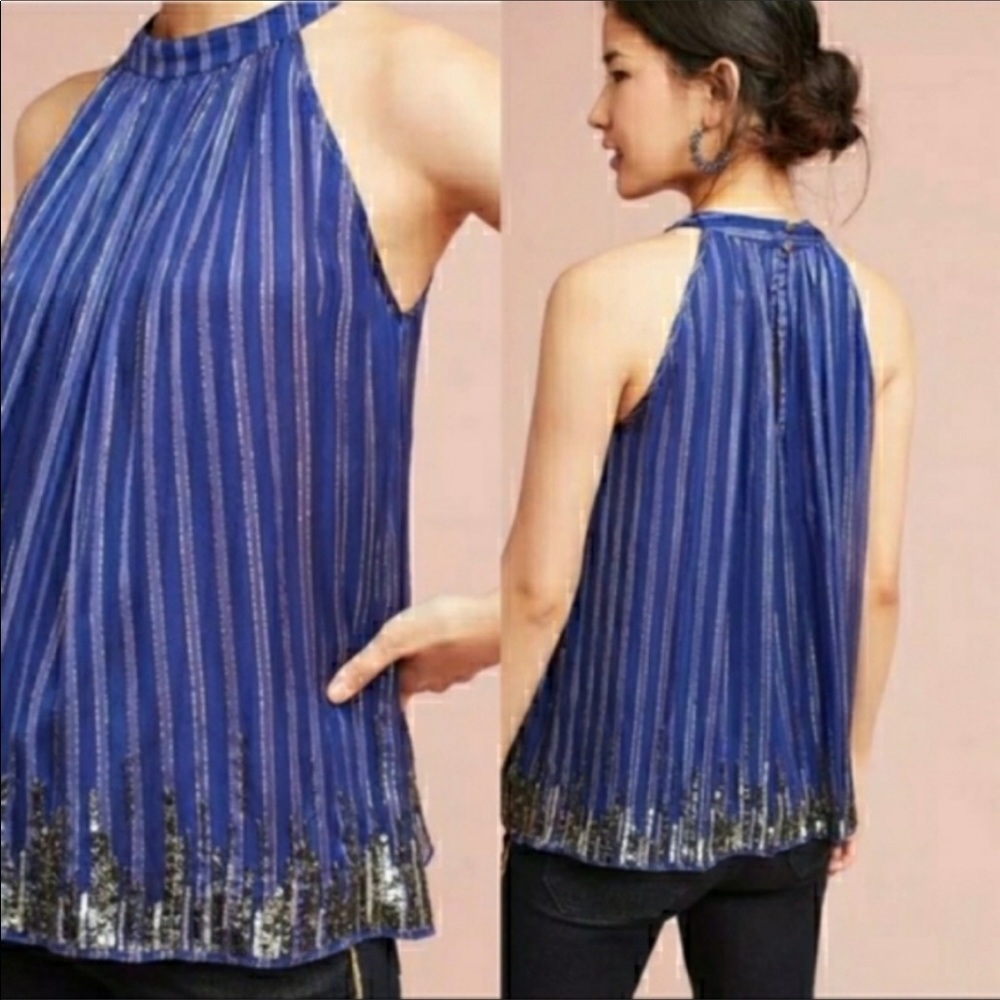 Anthropologie Ranna Gill Blue Metallic Halter Top